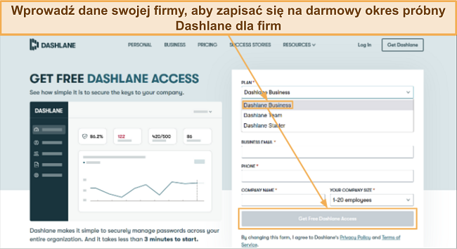 Zrzut ekranu pokazujący, jak zapisać się na darmowy okres pr&oacute;bny Dashlane dla firm