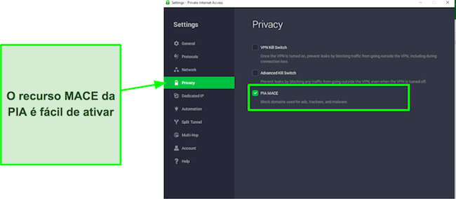 Captura de tela das configura&ccedil;&otilde;es do MACE no aplicativo da PIA