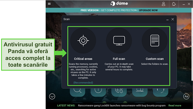 Captură de ecran a antivirusului gratuit Panda pe un dispozitiv Windows, arăt&acirc;nd că toate cele 3 scanări sunt disponibile