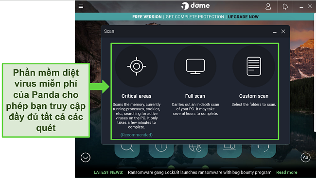 Ảnh chụp m&agrave;n h&igrave;nh phần mềm diệt virus miễn ph&iacute; của Panda tr&ecirc;n một thiết bị Windows, cho thấy tất cả 3 qu&eacute;t đều c&oacute; sẵn