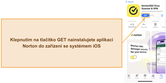 Sn&iacute;mek obrazovky ukazuj&iacute;c&iacute;, jak nainstalovat Norton na zař&iacute;zen&iacute;ch s iOS