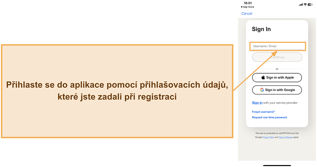 Sn&iacute;mek obrazovky ukazuj&iacute;c&iacute;, jak se přihl&aacute;sit do mobiln&iacute; aplikace Norton