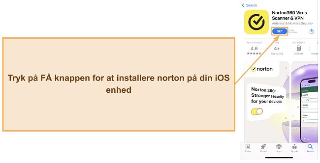 Sk&aelig;rmbillede, der viser, hvordan man installerer Norton p&aring; iOS-enheder