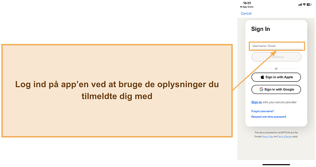 Sk&aelig;rmbillede, der viser, hvordan man logger ind p&aring; Nortons mobilapp