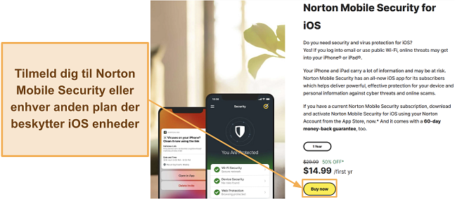 Sk&aelig;rmbillede, der viser, hvordan man abonnerer p&aring; Norton Mobile Security