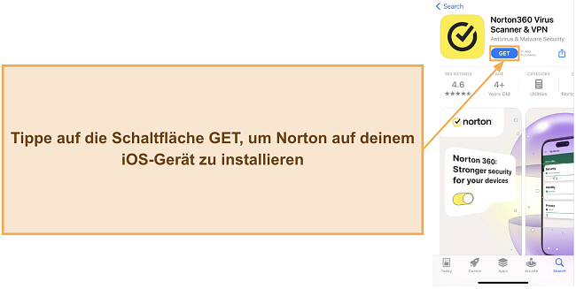 Screenshot, der zeigt, wie man Norton auf iOS-Ger&auml;ten installiert