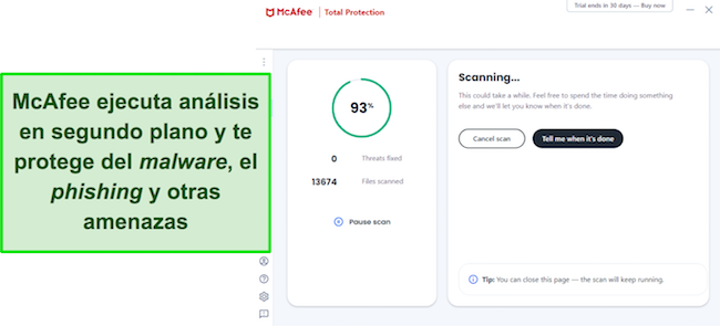 Captura de pantalla del esc&aacute;ner de malware de McAfee