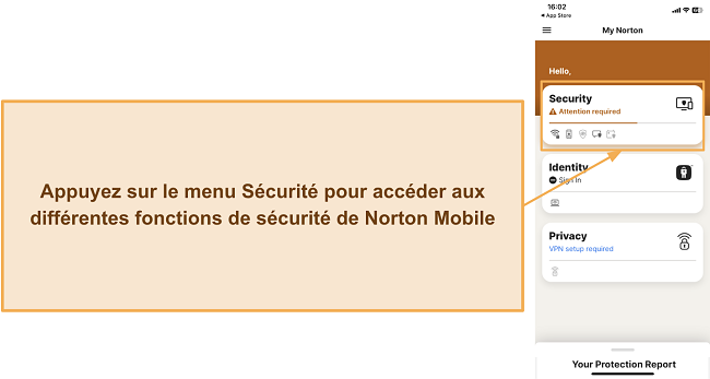 Capture d'&eacute;cran montrant comment acc&eacute;der aux fonctionnalit&eacute;s de s&eacute;curit&eacute; de Norton sur iOS