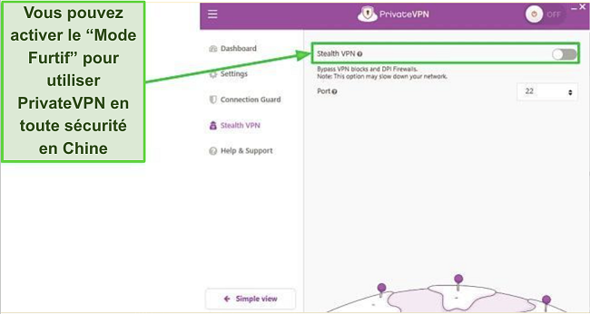 Capture d'&eacute;cran des param&egrave;tres du Mode Furtif sur l'application PrivateVPN