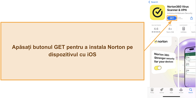 Captură de ecran care arată cum să instalezi Norton pe dispozitive iOS