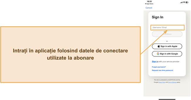 Captură de ecran care arată cum să te autentifici &icirc;n aplicația mobilă Norton
